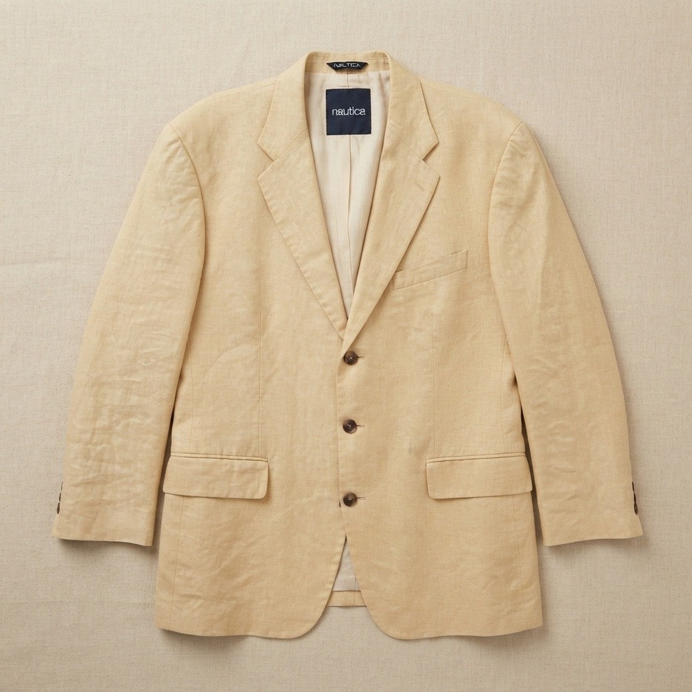 Nautica Blazer Sport Coat Tan Linen Cotton Two Button 44R neutral breathable